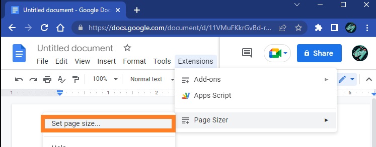 seleziona Page Sizer - Cambia formato carta in Google Documenti