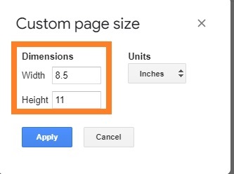 Inserisci la larghezza e l'altezza: modifica le dimensioni della carta in Google Documenti