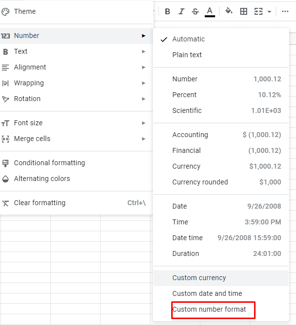 Scegli il formato Numero personalizzato