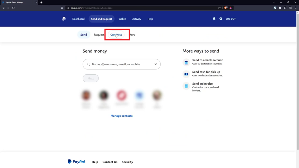 Scegli Contatti sul sito web di PayPal