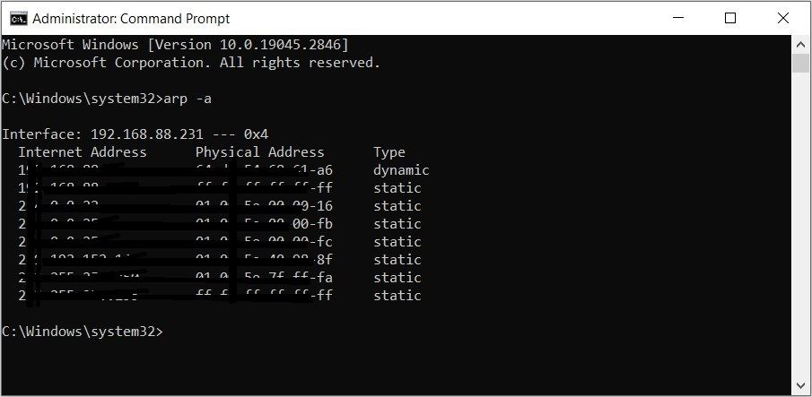 Visualizzazione della cache ARP sul prompt dei comandi