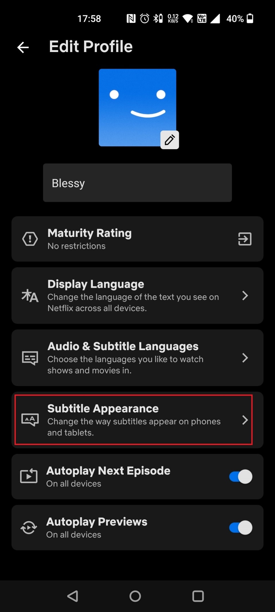 Tocca Aspetto dei sottotitoli | come cambiare il colore dei sottotitoli in Netflix Android