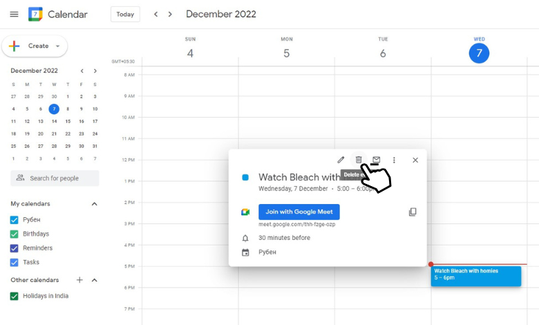Fai clic su Elimina evento per annullare una riunione su Google Calendar