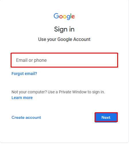 Inserisci la tua e-mail e password per accedere con l'account Google. Fare clic su Avanti.