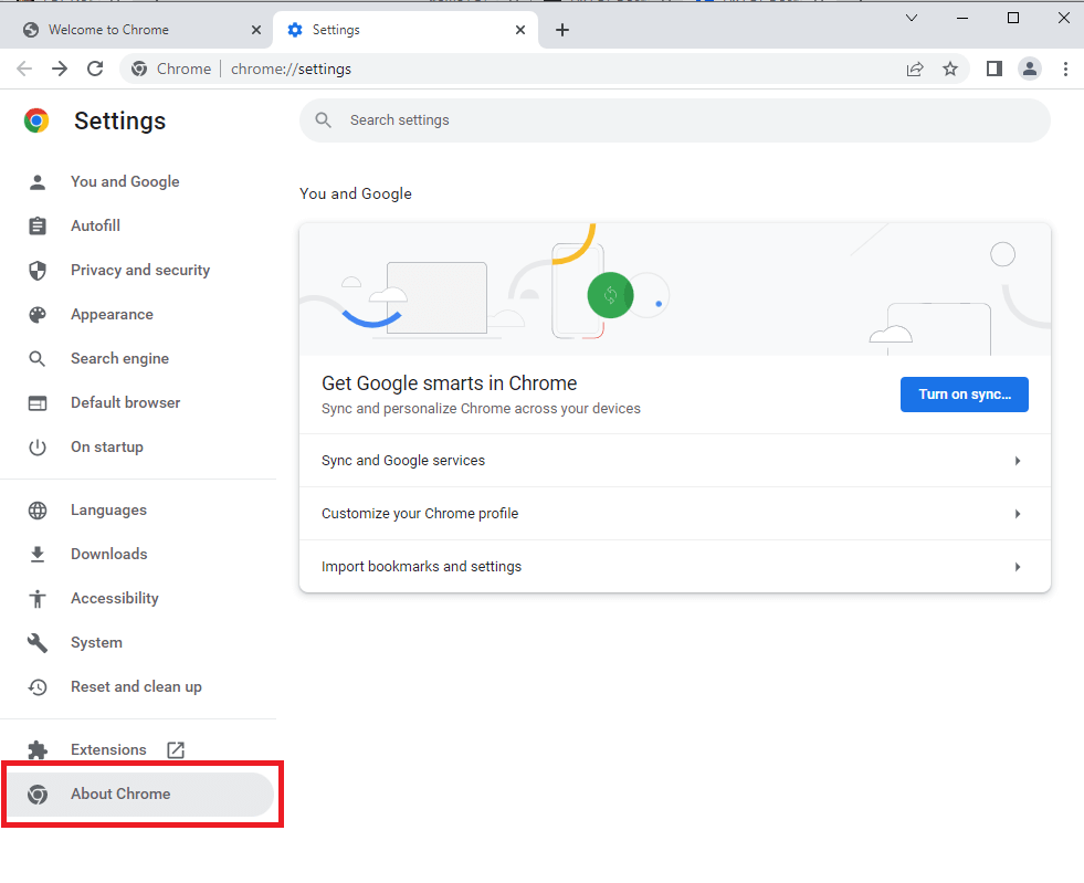 Seleziona Informazioni su Chrome dall'elenco