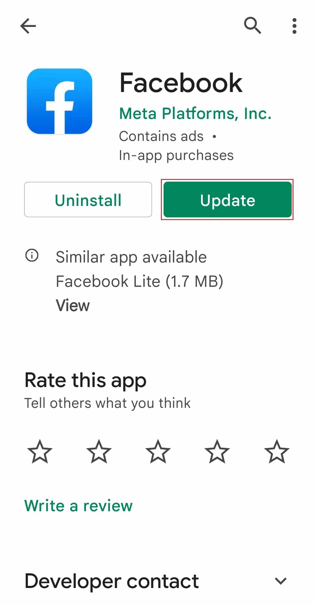 tocca l'opzione di aggiornamento in Facebook Google Play Store Android