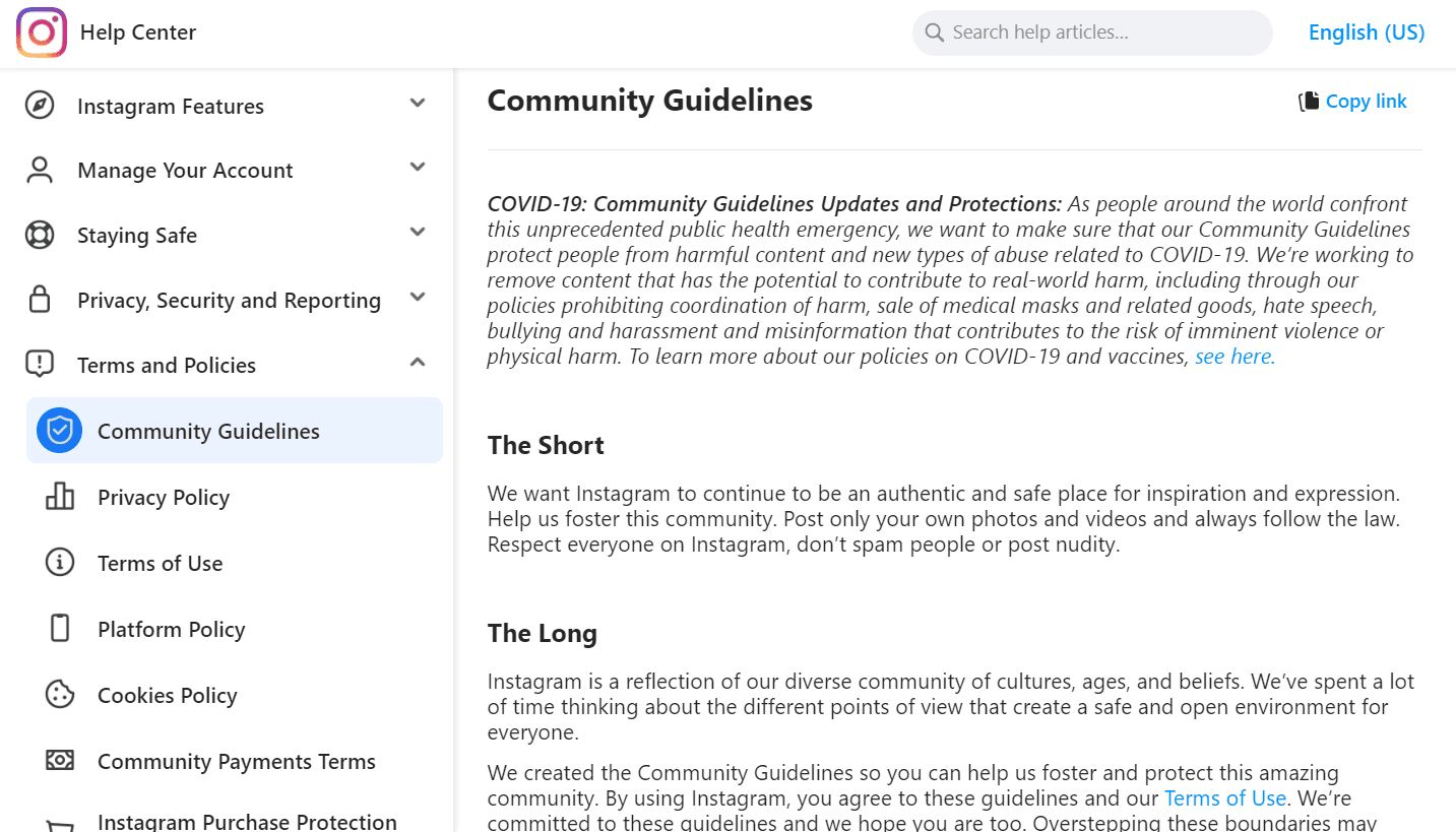 Le linee guida della community di Instagram