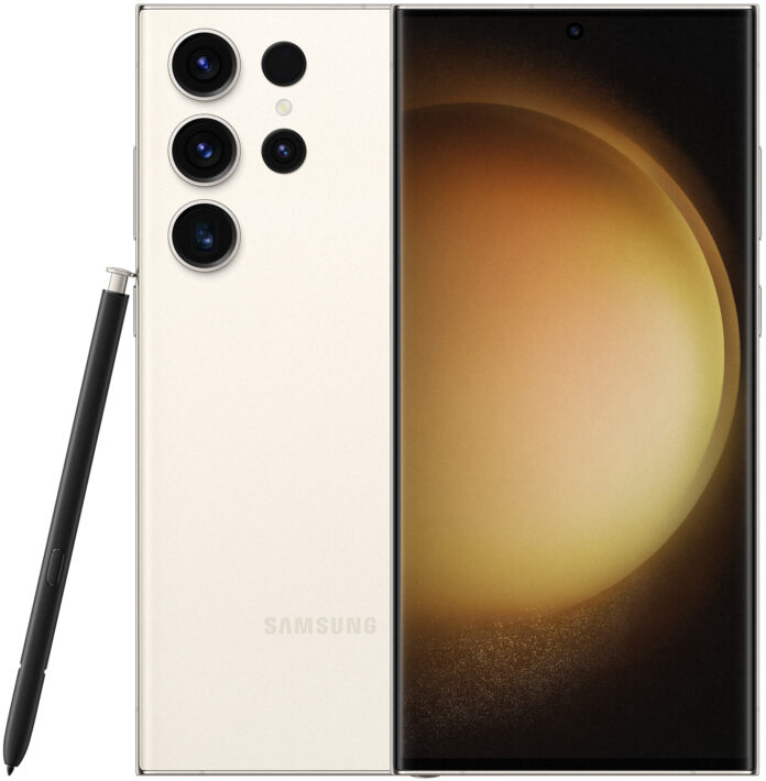 Il prodotto ufficiale rende il Samsung Galaxy S23 Ultra in bianco