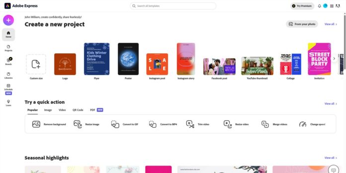 Schermata della home page di Adobe Express
