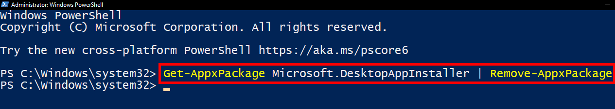 Nella finestra di PowerShell, copia e incolla il seguente comando e premi Invio: Get-AppxPackage Microsoft.DesktopAppInstaller | Rimuovi-AppxPackage 