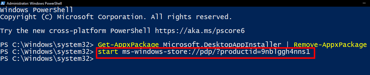 copia e incolla il seguente comando per installare l'ultima versione dell'app Microsoft Store, che include winget: start ms-windows-store://pdp/?productid=9nblggh4nns1 