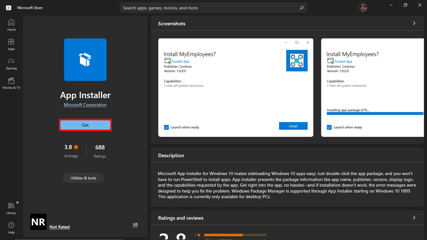 Questo comando aprirà la pagina dell'app di Microsoft Store per il pacchetto del programma di installazione dell'app. Fare clic sul pulsante Ottieni o Installa per installarlo.