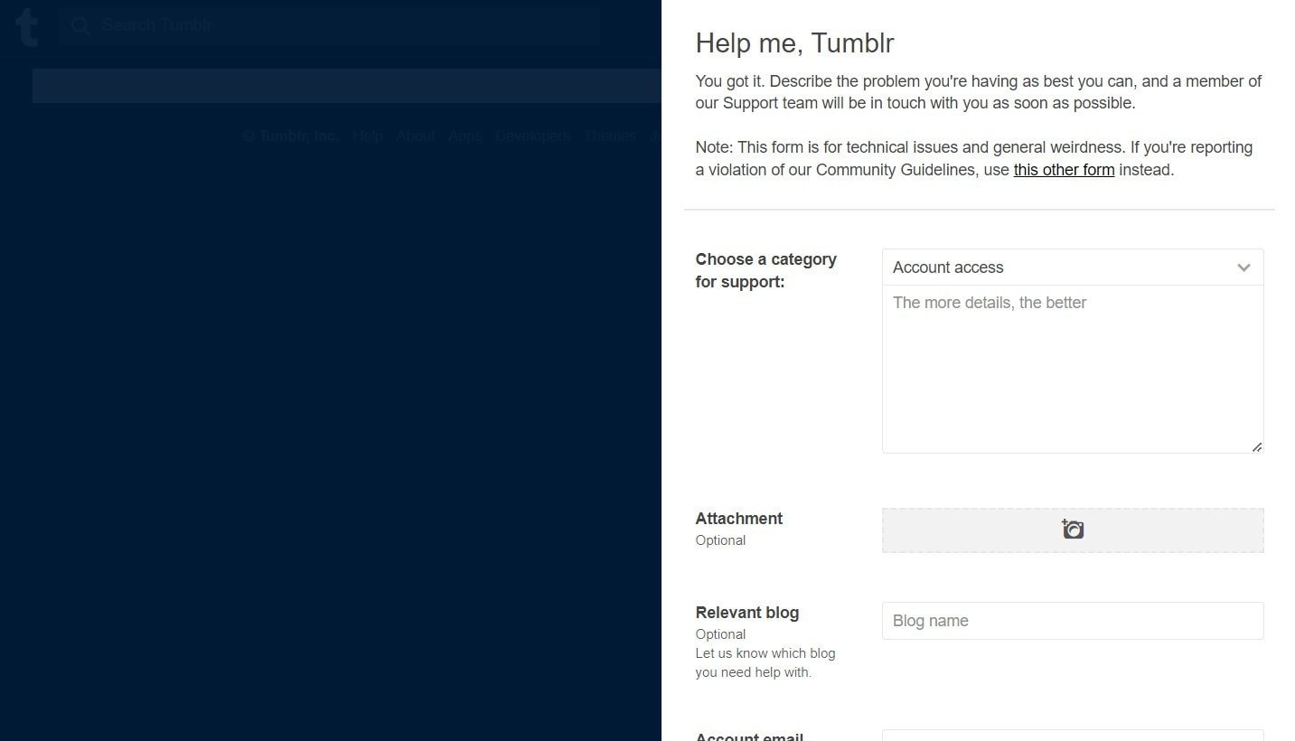 Pagina del Centro assistenza di Tumblr: comunica il problema tecnico di accesso con il tuo account selezionando la categoria di supporto come Accesso all'account