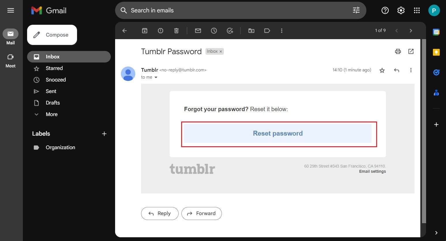 Fare clic sul collegamento Reimposta password indicato nell'e-mail ricevuta