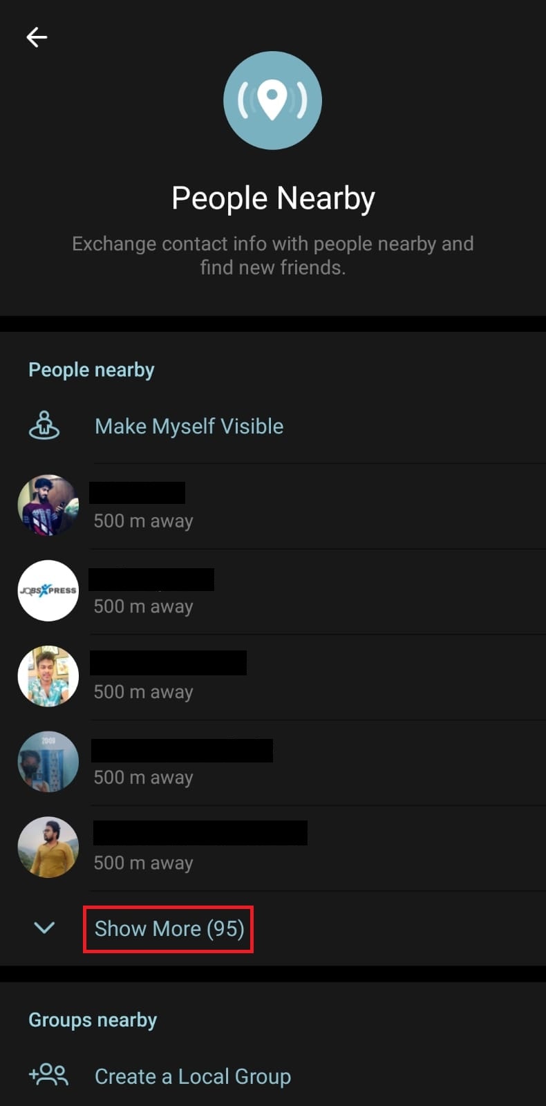 Tocca l'opzione Mostra altro per visualizzare più persone | Come trovare persone su Telegram
