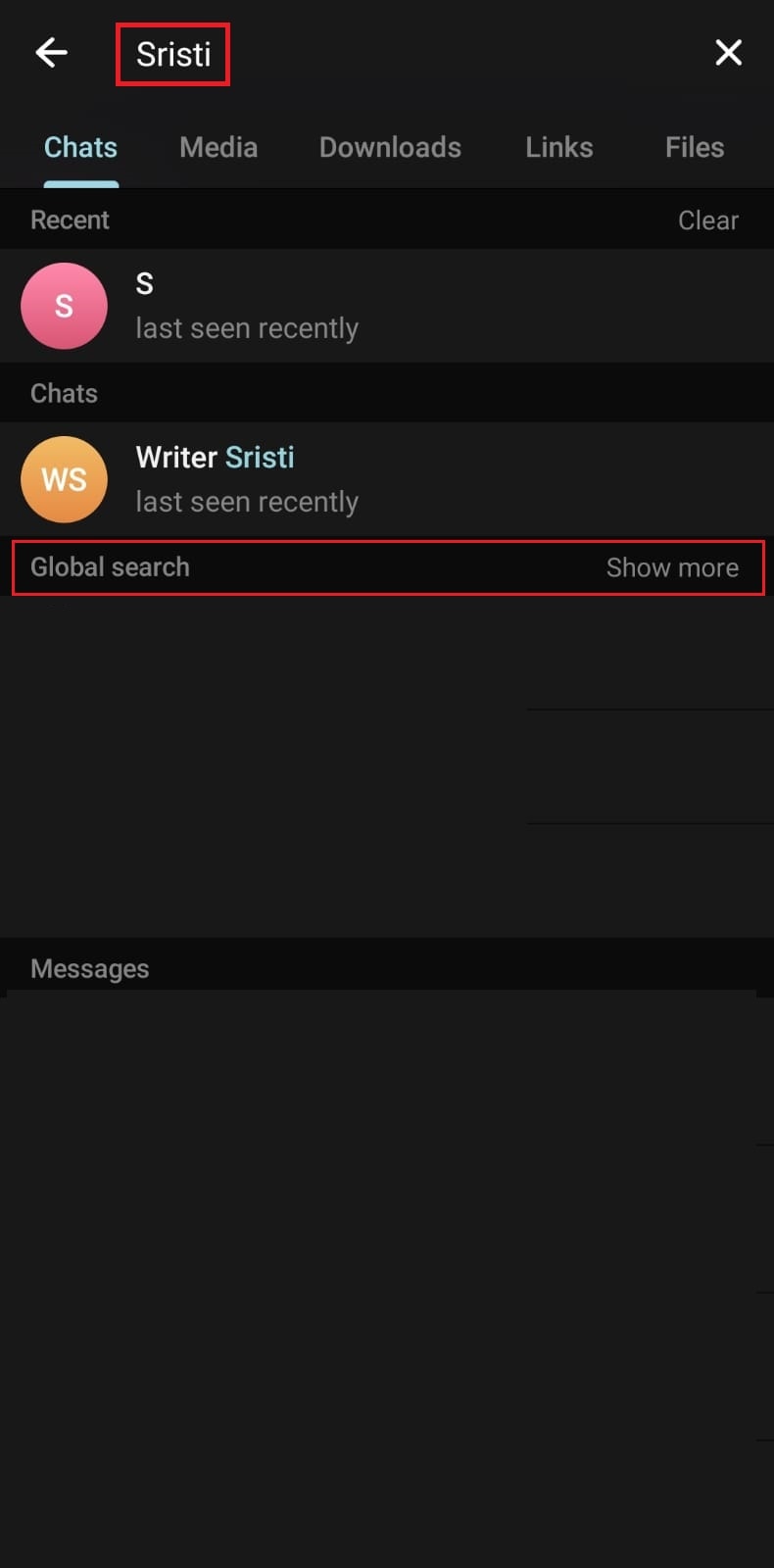 Digita il nome utente o il nome. Tocca Mostra altro per espandere la sezione Ricerca globale. | Come trovare persone su Telegram