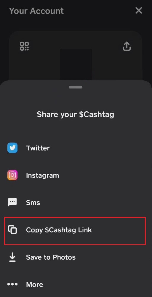 Tocca l'icona Condividi - Copia l'opzione $Cashtag Link per copiarlo negli appunti del telefono
