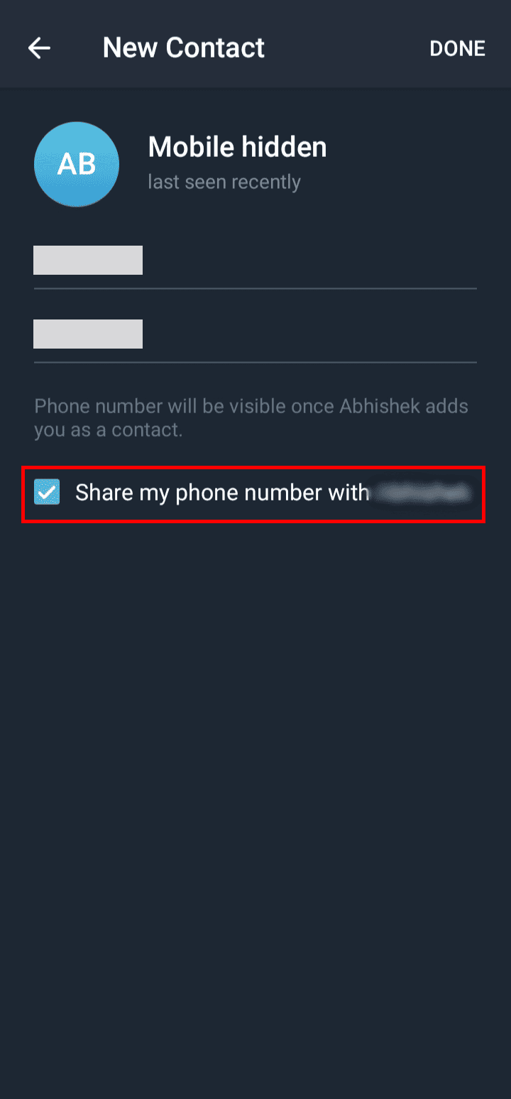 Seleziona la casella di controllo Condividi il mio numero di telefono con (nome profilo) per abilitare la condivisione del tuo numero di cellulare | Come trovare un numero di cellulare nascosto in Telegram