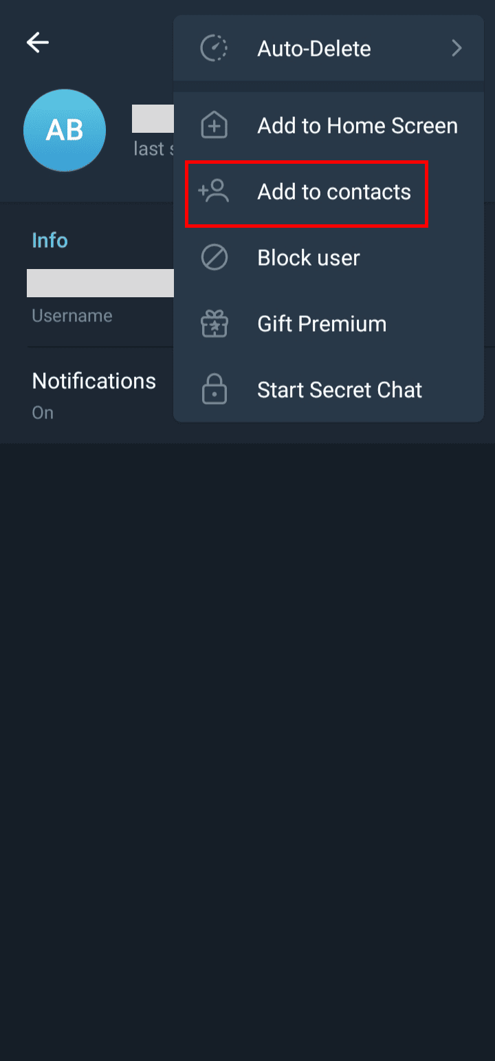 Tocca l'opzione Aggiungi ai contatti dal menu a discesa. | Puoi vedere i numeri di telefono su Telegram