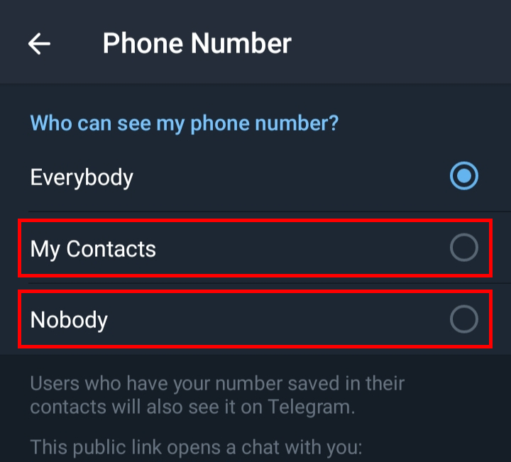 Tocca l'opzione Nessuno, per nascondere il tuo numero di telefono a tutti o tocca I miei contatti, per mostrare il tuo numero di telefono a coloro che sono nei tuoi contatti.