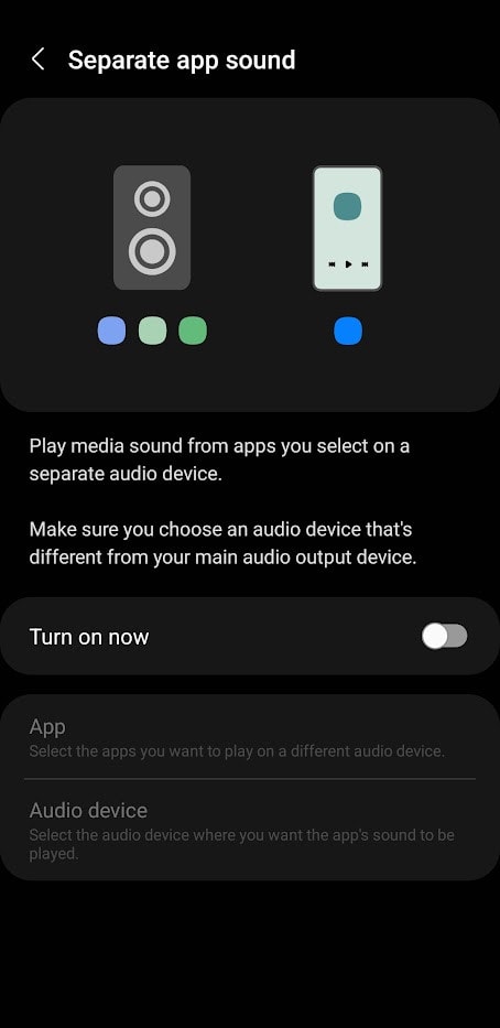 Gli smartphone Samsung ti consentono di personalizzare i dispositivi di uscita audio dell'app nel menu Suono app separato nelle impostazioni