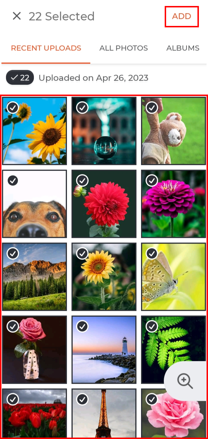 Seleziona tutte le immagini e tocca AGGIUNGI. | Come ottenere un fotolibro Shutterfly gratuito