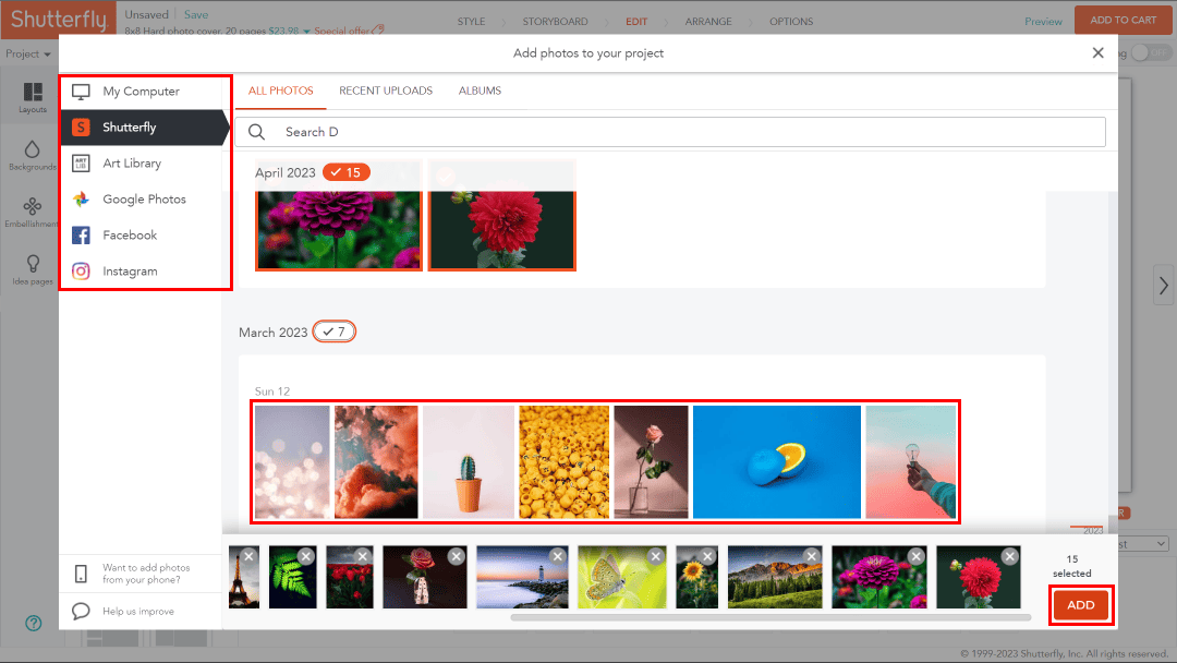 Seleziona le foto dalla piattaforma desiderata e fai clic sull'opzione AGGIUNGI in basso a destra per aggiungere immagini.