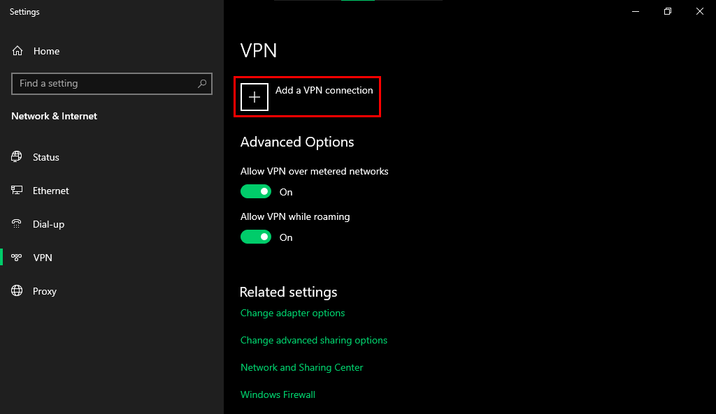 Fare clic sull'opzione Aggiungi una connessione VPN.