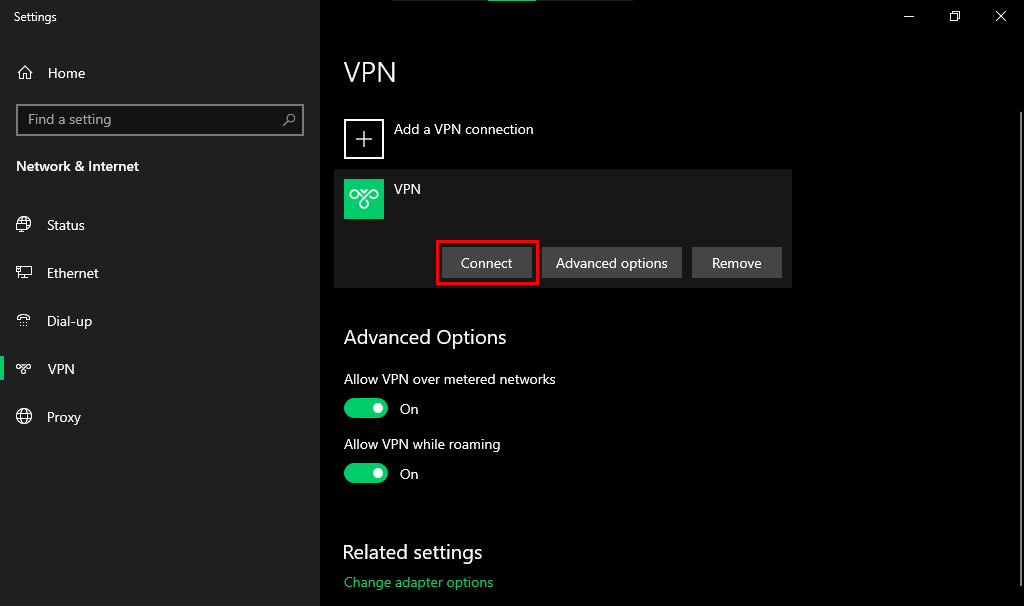 Fare clic su Connetti per avviare la VPN.