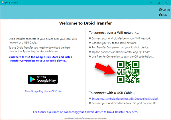 Scansiona il codice QR dell'applicazione Droid Transfer utilizzando l'app Transfer Companion sul tuo dispositivo Android | il telefono non si collega al pc solo in carica