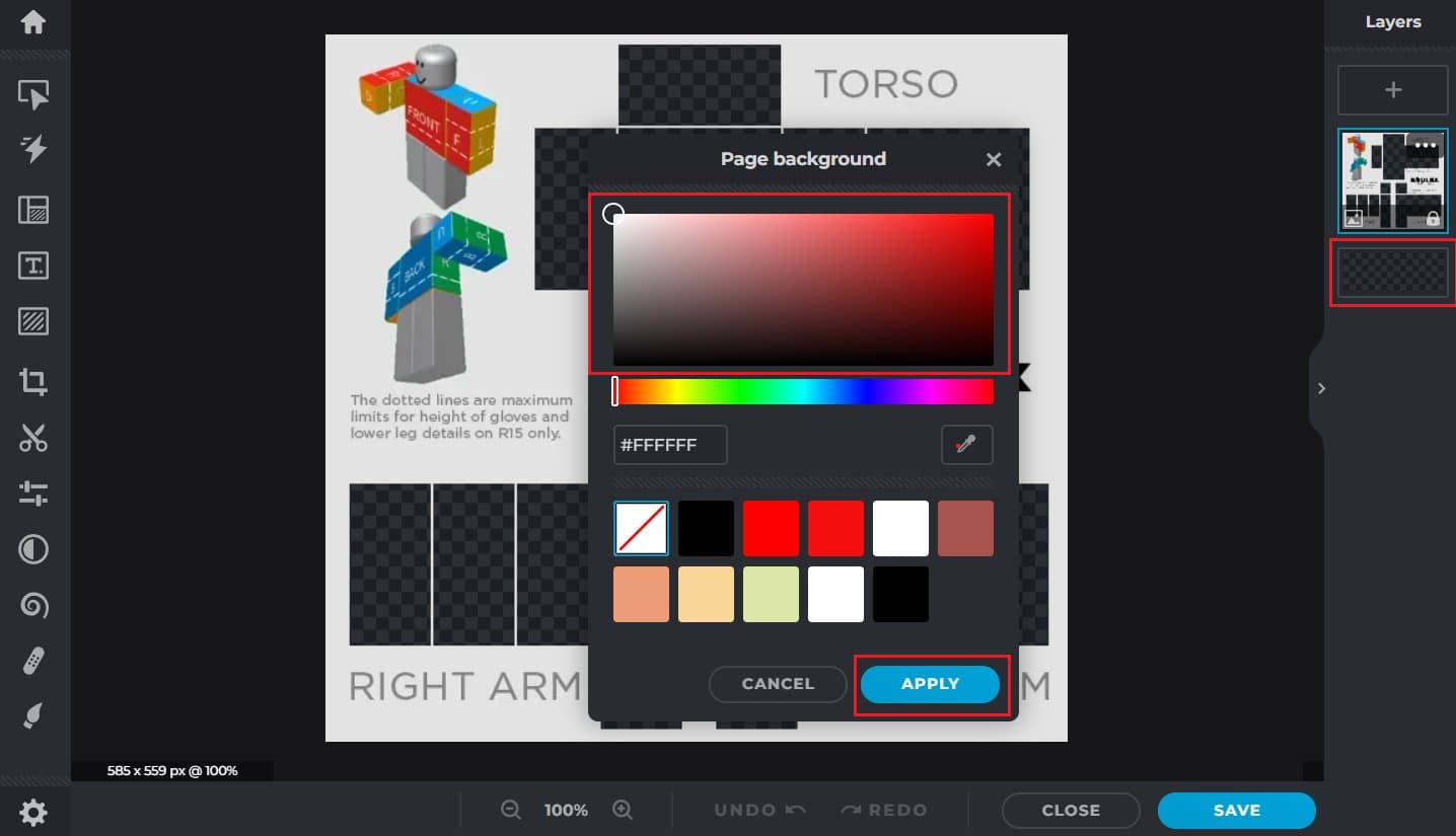 Strato di sfondo trasparente - Selezionare il colore desiderato - fare clic su APPLICA