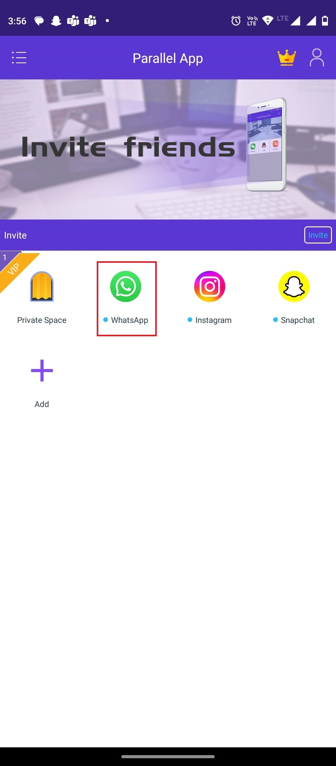 Apri l'app e seleziona WhatsApp per creare uno spazio parallelo per il secondo account 