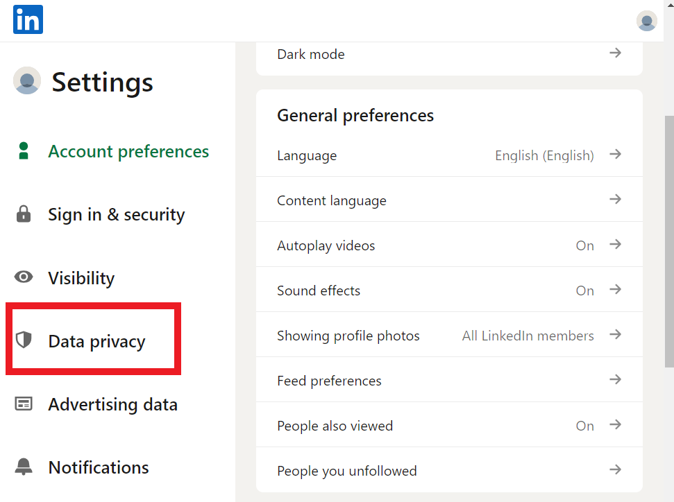 fare clic sull'opzione Privacy dei dati