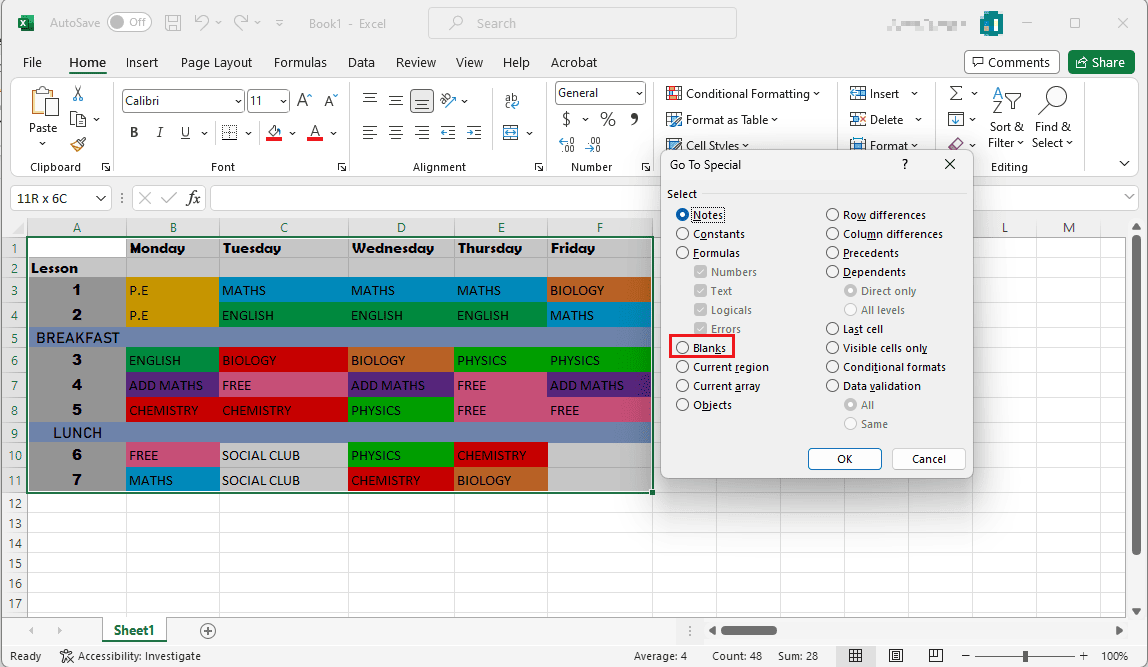 Fare clic sull'opzione Spazi vuoti | Scorciatoia per la formattazione chiara di Excel