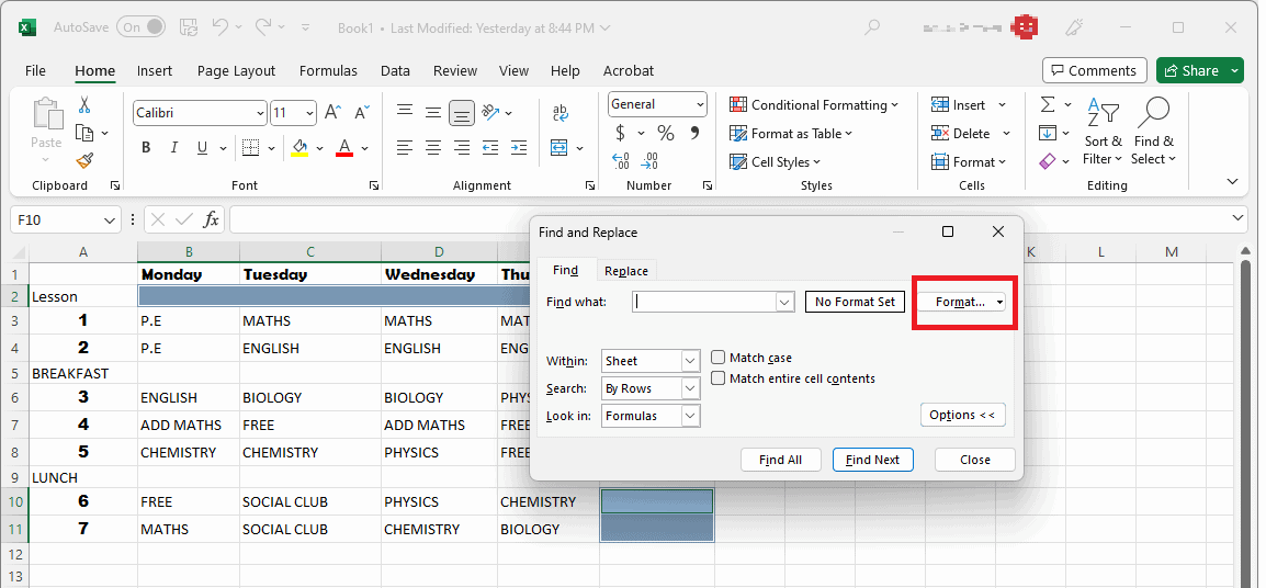 Fare clic su Formato | Scorciatoia per la formattazione chiara di Excel