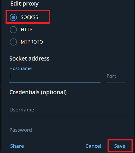 Seleziona SOCKS5, inserisci tutti i dettagli del server, quindi fai clic su Salva.