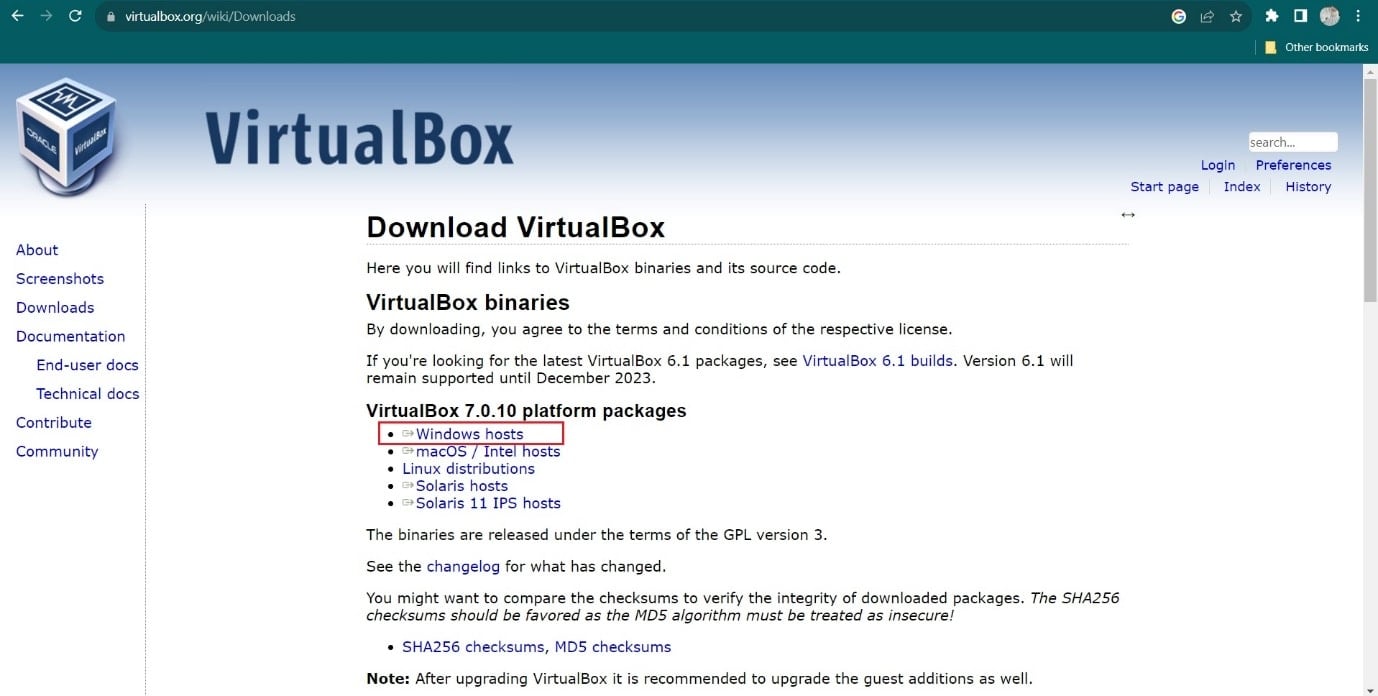Tocca Host Windows. VirtualBox verrà scaricato. 