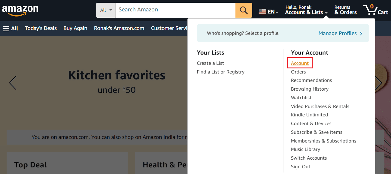 Sposta il cursore sul tuo nome utente accanto alla barra di ricerca e seleziona Account. AmazonPrime 7031