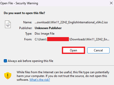 Tocca Apri una volta scaricato il file Installa in modo pulito Windows 11 senza USB
