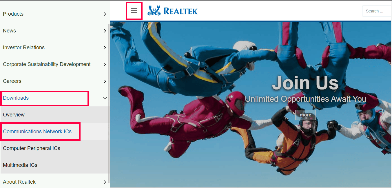 Apri il tuo browser Web preferito e vai al sito Web ufficiale di Realtek. Nell'angolo in alto a sinistra, fai clic sulle tre linee orizzontali. Fare clic su Download e quindi su IC reti di comunicazione. 