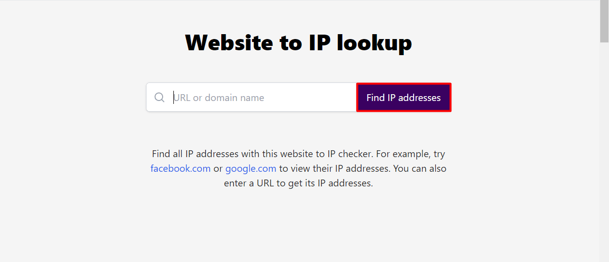 Incolla l'URL di qualsiasi sito web a cui desideri accedere nell'URL o nel nome di dominio e fai clic su Trova indirizzi IP