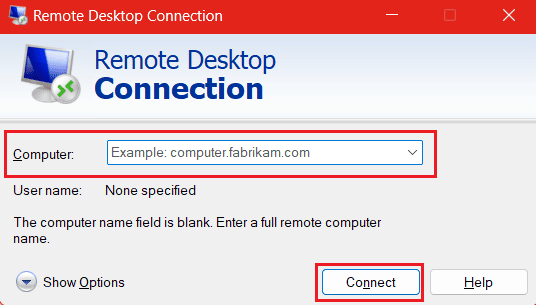 Immettere il nome valido di un computer remoto in Computer e fare clic su Connetti.
