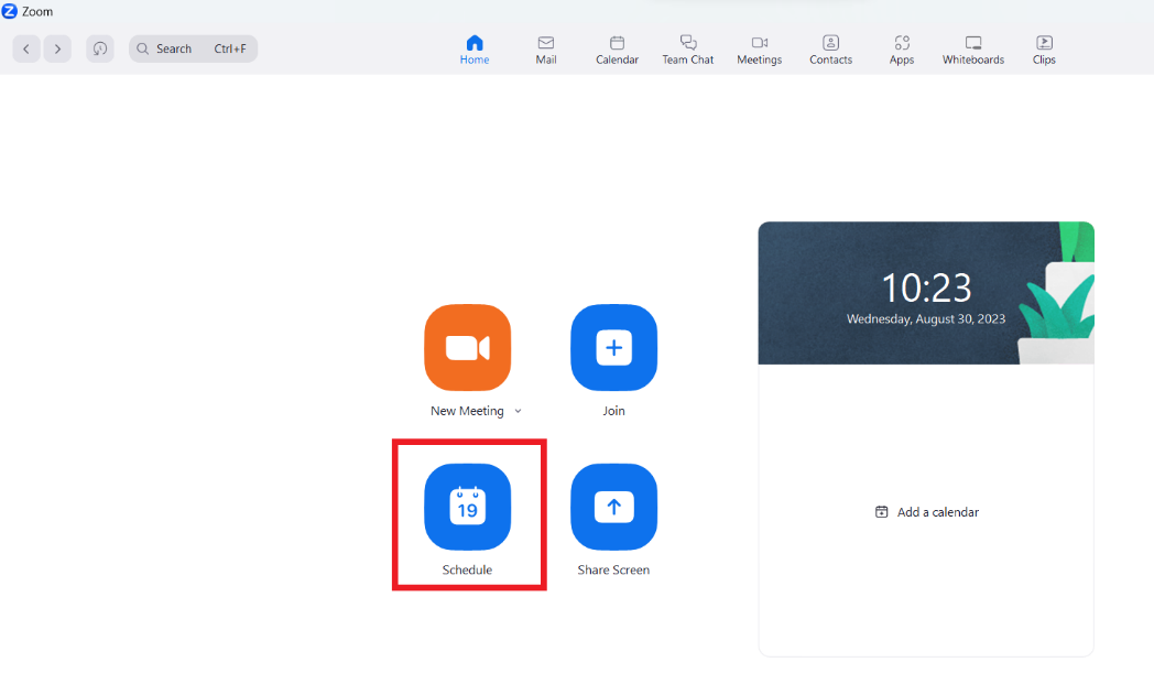 Fare clic sull'icona Pianificazione disponibile nella home page dell'app Zoom