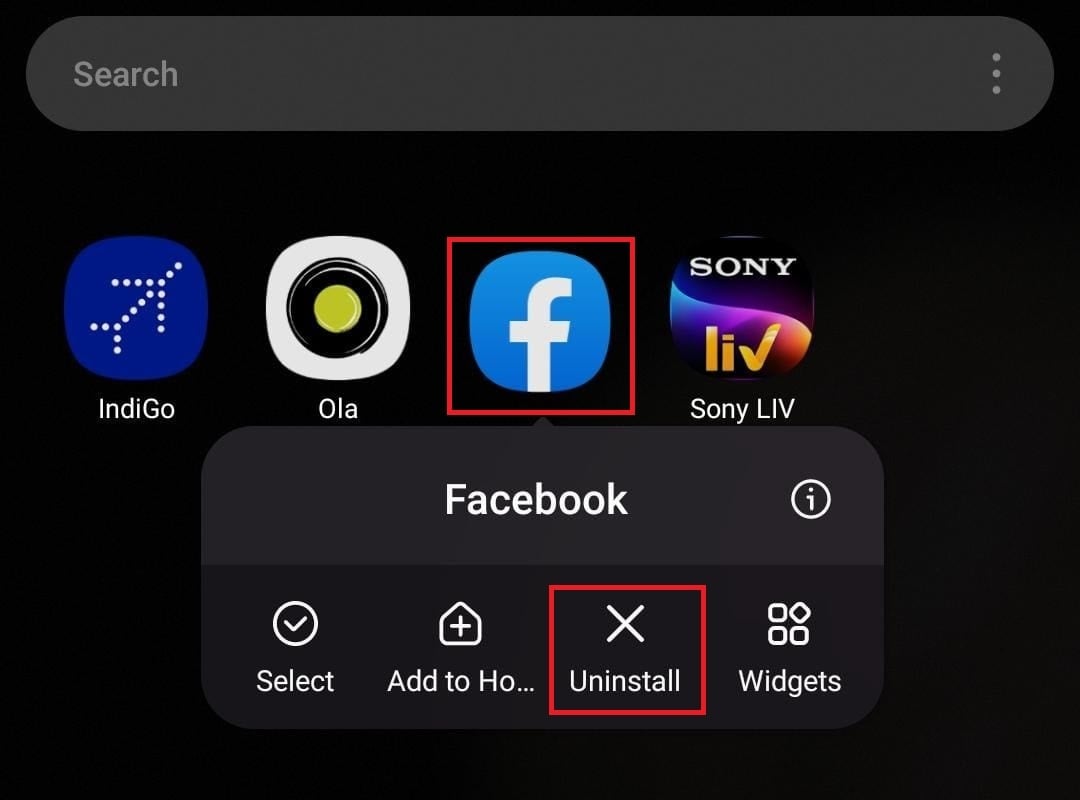 Tocca e tieni premuta l'icona di Facebook nel cassetto delle app e seleziona Disinstalla.