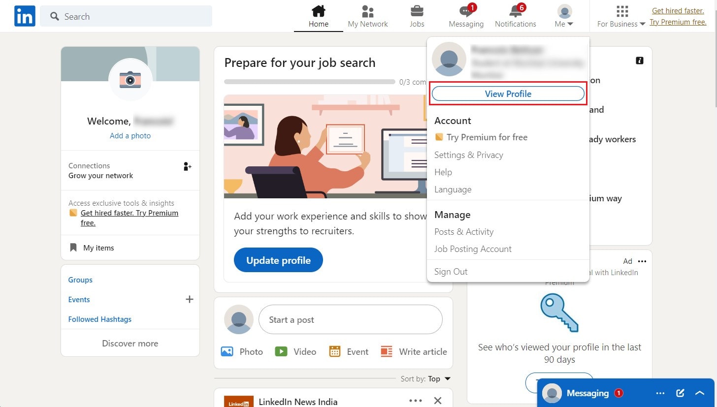 Fare clic su Visualizza profilo | Come Annunciare che Stai Cercando Lavoro su LinkedIn