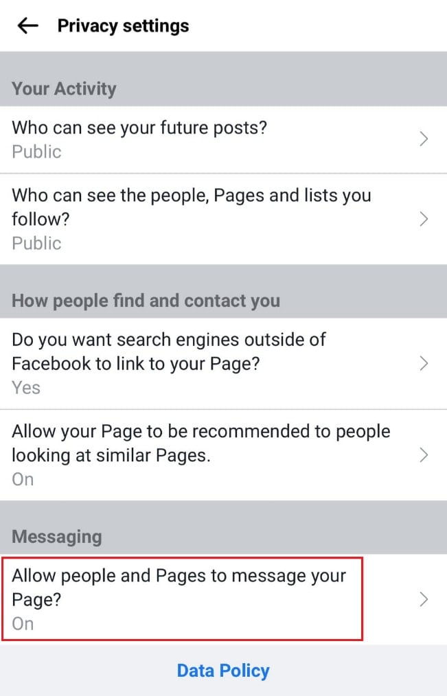 Scorri verso il basso e tocca Consenti alle persone e alle pagine di inviare messaggi alla tua Pagina | Come controllare i messaggi della pagina Facebook su iPhone