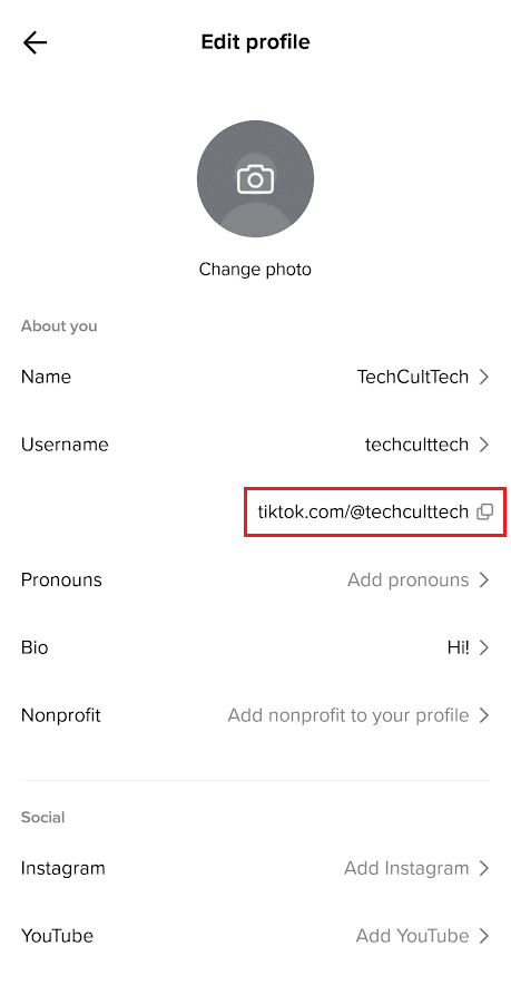Tocca l'icona di copia accanto al collegamento del tuo profilo TikTok sotto il tuo nome utente