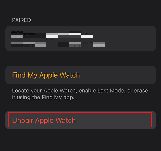 Scorri verso il basso per trovare l'opzione Disaccoppia Apple Watch | continua la configurazione su iPhone
