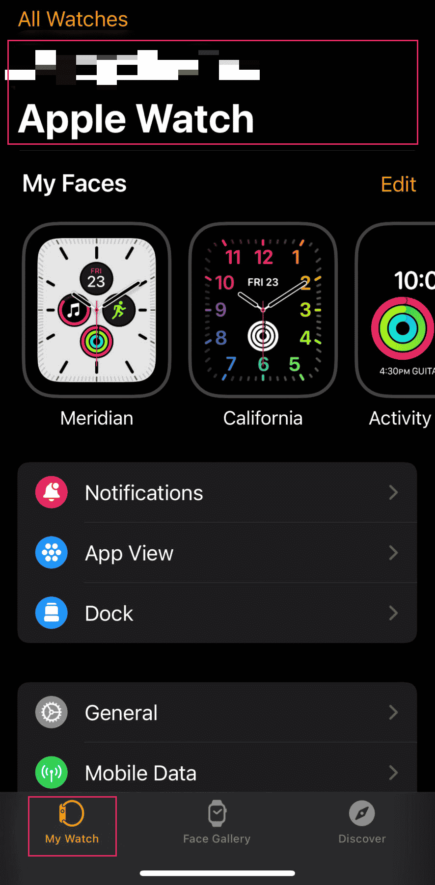 Apri l'app Watch sul tuo iPhone connesso e accedi alla scheda My Watch | continua la configurazione su iPhone