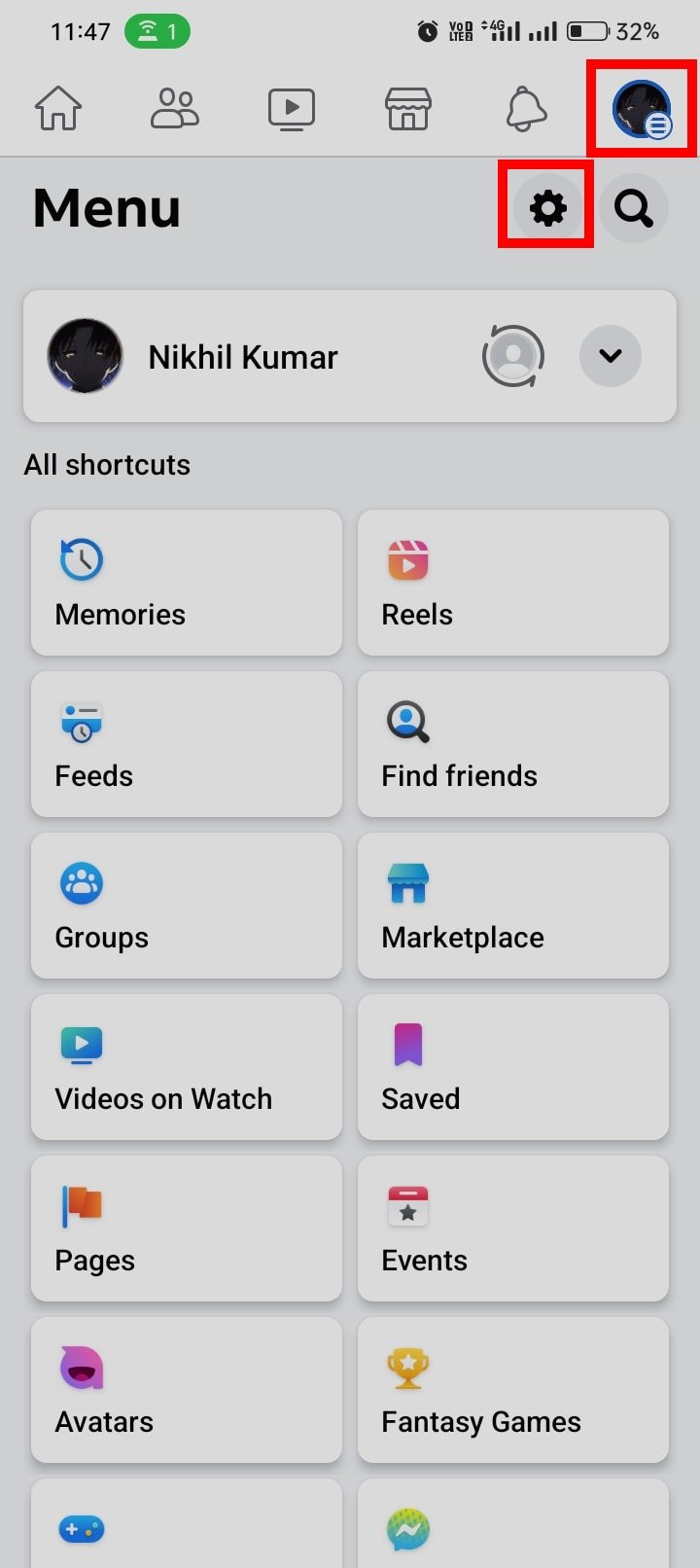 Apri l'app Facebook e tocca l'icona del menu nell'angolo in alto a destra. Ora tocca l'icona delle impostazioni (icona dell'ingranaggio). 